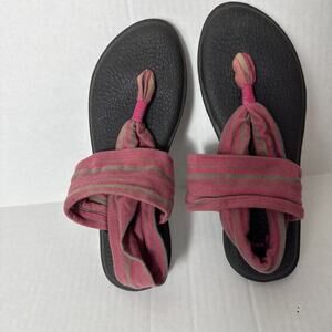 Sanuk Women's Yoga Sling 2 Slingback Thong Pink/Grey Stripe Sandals Size 9